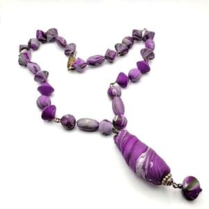 Handmade Polymer Clay Beads Purple Swirls Y-Drop 18"/2.5" Pendant